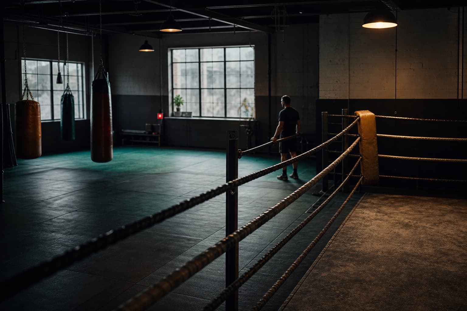 A fictional neighborhood combat gym owner prepares an empty ring and mat floor for bookings.